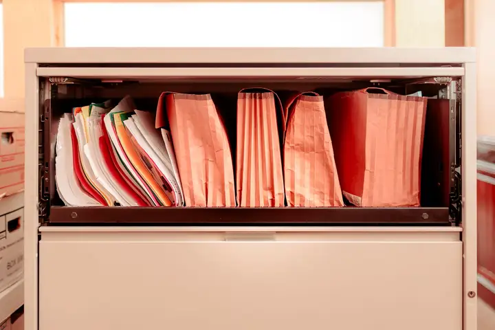 An open client file drawer in the firm's Moncton office