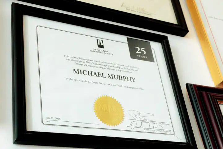 A Nova Scotia Barristers' Society twenty-five year certificate in Michael Murphy's name